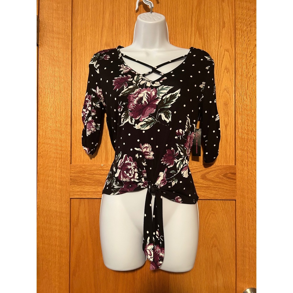NEW No Boundaries Floral Polka Dot Lace Back Tie Front Women's Top Black Size XS